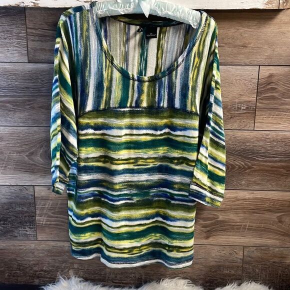 New Directions Ladies Boho Hippie Top, Size 2X, Green and Blues - Picture 1 of 4